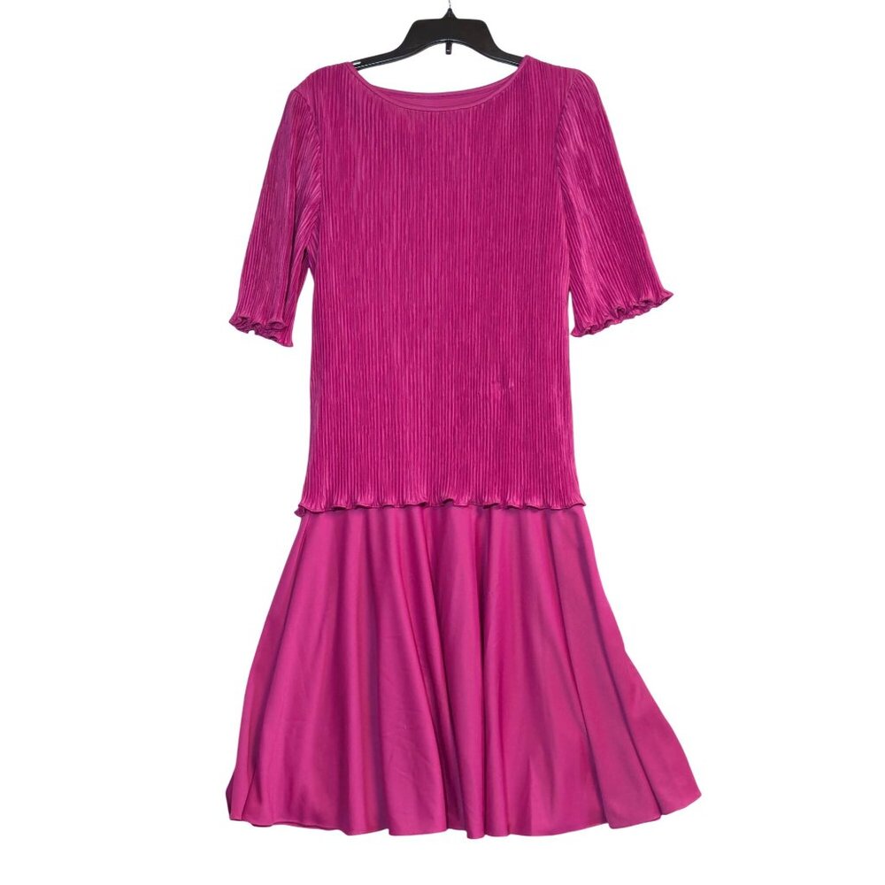Vintage After Dark Pink Pleated Dress Size 13-14 Short Sleeves Flowy Hem Womens
